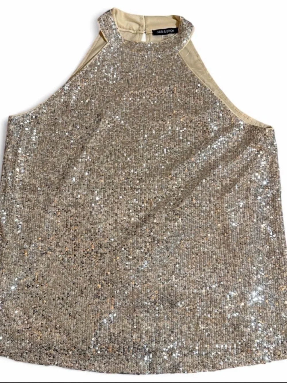 Cable & Gauge Champagne Sequin Halter Mock Neck Top Blouse - Large